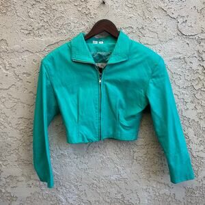 Vintage Teal Leather Cropped Jacket